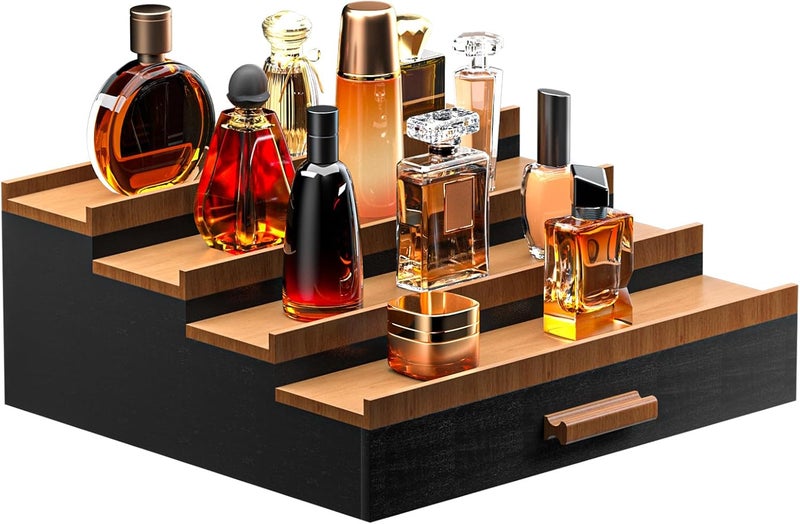 Sephyroth Cologne Organizer for Men 4 Tier of Elevated Cologne Display Shelf with Drawer Storage Perfume Organization and Storage Display Risers,Great Gift for Man(4Tier-BlackWalnut) - Image 1
